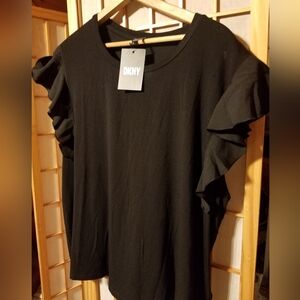DKNY ruffled sleeve black womans top